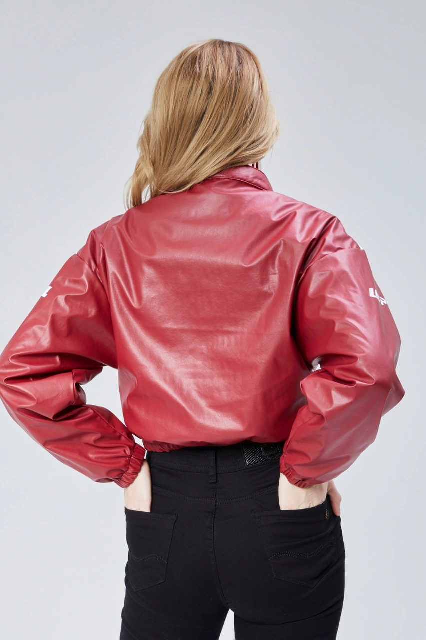 Kadın Deri Baskılı Şeritli Ceket Beli Ve Kolu Lastikli Kolej Hakim Yaka Bomber Yarışçı Motorcu Mont Kırmızı