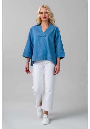 Kadın Gömlek Yakalı Yaka İndigo Mavi Kol Ucu Manşetli İnce Kot Kumaş Bluz Açık Mavi