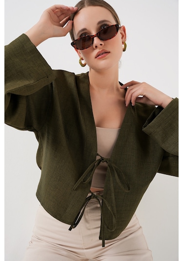 Bigdart Önü Bağlamalı Keten Kimono 960 - Haki