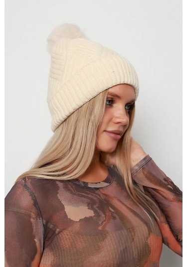 Kalın Ponponlu İçi Yünlü Kadın Bere Rkş-17 Bej Bej