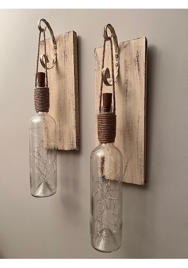 Tıpa Peri Led Işıklı Krem Kahve Cam Şarap Şişesi Duvar Aplik 2'li Çok Renkli