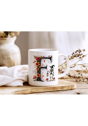 F Harfi Şapkalı İskelet Figürlü Ve Çiçekli Kupa Bardak - Cadılar Bayramı / Halloween Özel Hediye Beyaz