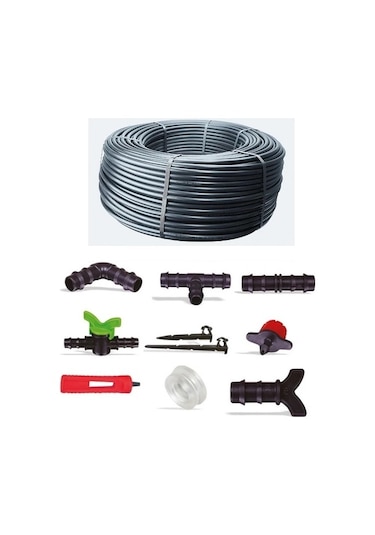 Karbon Plast 16 MM Damlama Sulama + 33 CM Delikli Boru 100 M Ve Ek Parça Set