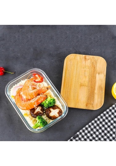 Morponi Bambu Kapaklı 2'li Diktörtgen Vakumlu Kase Cam Saklama Kabı 1500 Ml Şeffaf