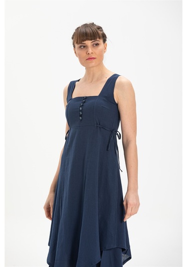 Kolsuz Şile Bezi Üçgen Katlı Midi Boy Elbise Lacivert Lcvt