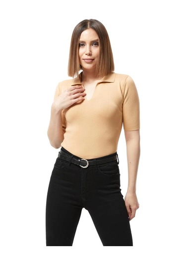 Defymoda Gömlek Yaka Yazlık Triko Bluz Bej