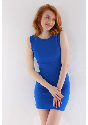 Kallima Saks Mavi Kolsuz Diz Üstü Mini Fitilli Esnek Kalem Elbise