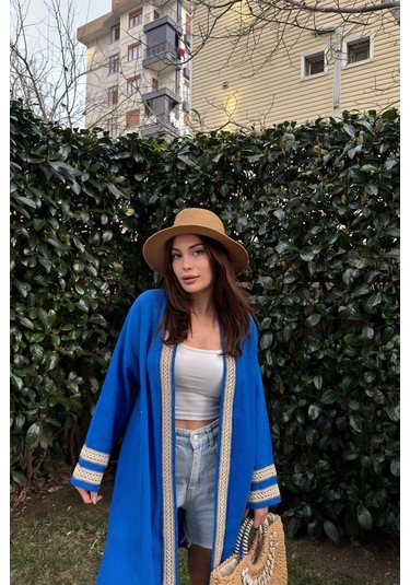 Kadın Saks Müslin Kumaş, Hasır Şerit Detaylı Salaş Kimono Ceket Saks