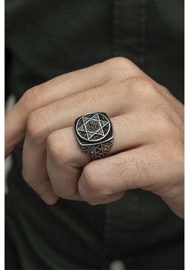 Süleyman Mührü Desenli Mikro Taşlı 925 Gümüş Erkek Yüzük