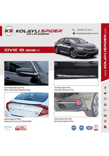 Honda Civic 10 Yan Kapı Çıtası 4 Prç Krom 2016 ve Sonrası