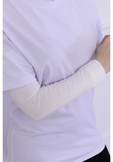 Likralı Penye Kolluk Ekru - Pratik Kadın Tesettür Düz Namaz Kolluğu 1 Çift 40cm Viskon Hijab Ekru