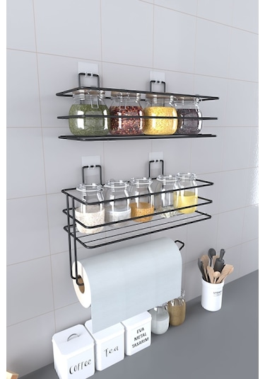 Eva Metal Tasarim Yapışkanlı Baharatlık 2 Li Metal Kağıt Havluluk Siyah Baharat Standı Mutfak Rafı Siyah