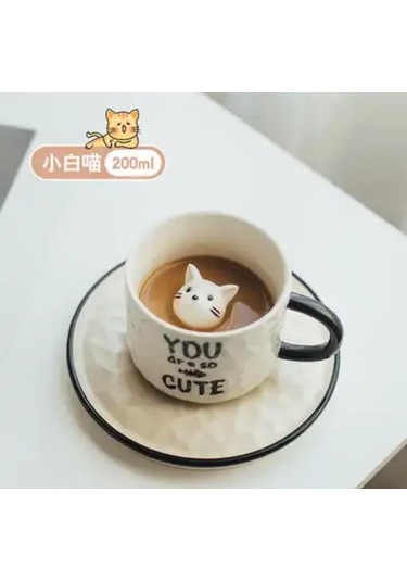 Sevimli Kedi Figürlü Kupa Bardak Tabak Set-2134