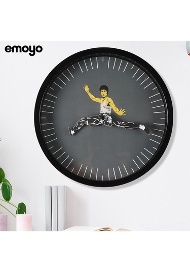 Moveevo Kara Renkli Sessiz Duvar Saati - Bruce Lee Kung Fu Desenli Ev Dekorasyonu, Dayanıklı Malzeme İle Konforlu Kullanım Çok Renki
