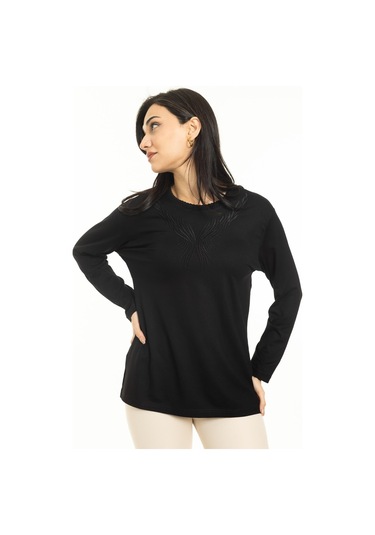 Yeni Sezon Kadın Orta Yaş ve Üzeri Yeni Desen Triko Yaka Likralı Anne Penye Bluz 30520-siyah