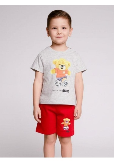 Erkek Bebek Ayıcıklı Pamuklu Şortlu Takım-15829 Gri