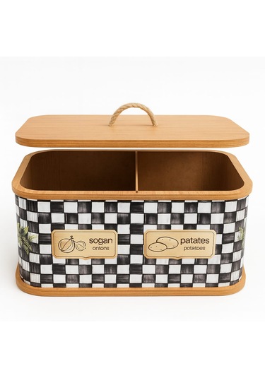 Dekorasyaa 2 Bölmeli Patates Soğanlık - Bambu - Dikdörtgen Dama Desen Beyaz - Siyah