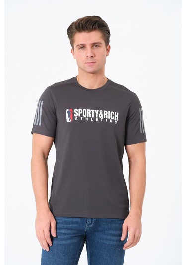 Erkek Bisiklet Yaka Basic Baskılı T-şhirt Gri