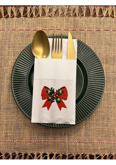 Yılbaşı Zarif Kırmızı Fiyonk Baskılı Kanguru Cepli Peçete Beyaz12 Adet