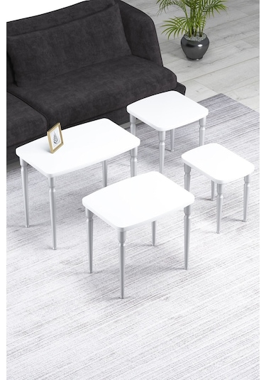 Imaj Mdf Ve Lake Boya, Beyaz 4lü Zigon Sehpa Takımı, Gümüş Gürgen Ayaklar Sehpalar Beyaz Ayaklar Gümüş