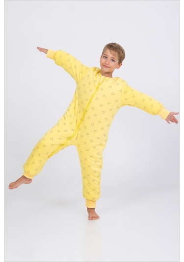 Kız Erkek Çocuk Kalın Elyaf Dolgulu Premium Kalite 2.5 Tog Desenli Uyku Tulumu Sarı - Siyah