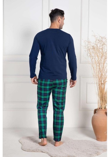 Mecit 3051 Erkek Lacivert Ekoseli Büyük Beden Pijama Takımı Lacivert