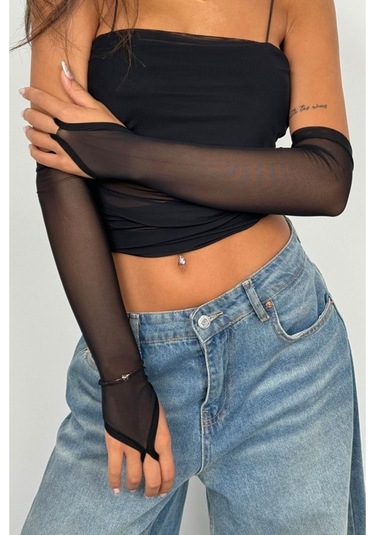 Kolluk Detay Askılı Tül Bluz Siyah