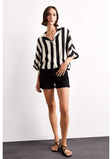 Defacto Oversize Geniş Kalıp Çizgili Kısa Kollu Gömlek G1324ax25smbk81 Siyah