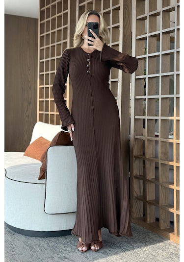 Kahverengi Streç Midi Boy Elbise - 1725 Kahverengi