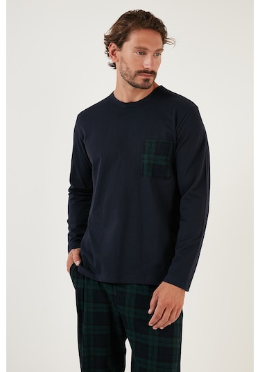 Buratti Ekoseli Cepli Beli Lastikli % 100 Pamuk Regular Fit Erkek Pijama Takımı 6572001 Lacivert