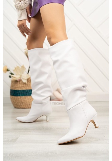 Sr-2001 Beyaz Körüklü İnce Topuklu Günlük Bayan Çizme Beyaz