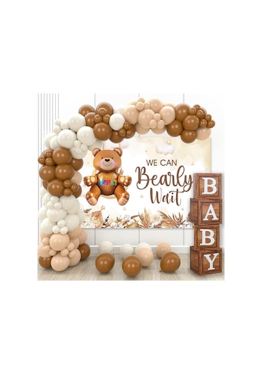 Oyuncak Ayı Temalı Baby Shower Set Ahşap Görünümlü Baby Kutu Ve Retro Balon Zincir Set