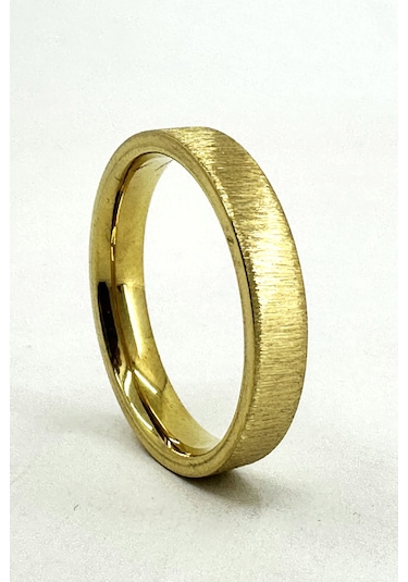 Kişiye Özel İsim Tarih Yazılı 4mm Mat Fırçalanmış Düz Unisex Çelik Yüzük Alyans Cl45y Sarı