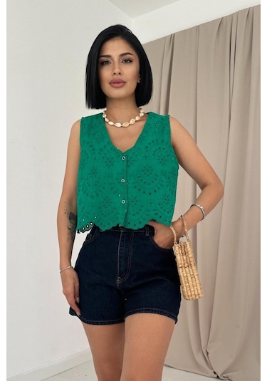 Modaserdem Yeşil Sıfır Kol Brode Bluz Yeşil