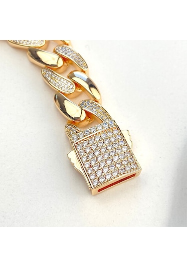 Gurmet Bileklik Tam Tur Zirkon Taşlı Kalın Zincir Çelik Kararmaz Xuping Rose 1,4cm Gold