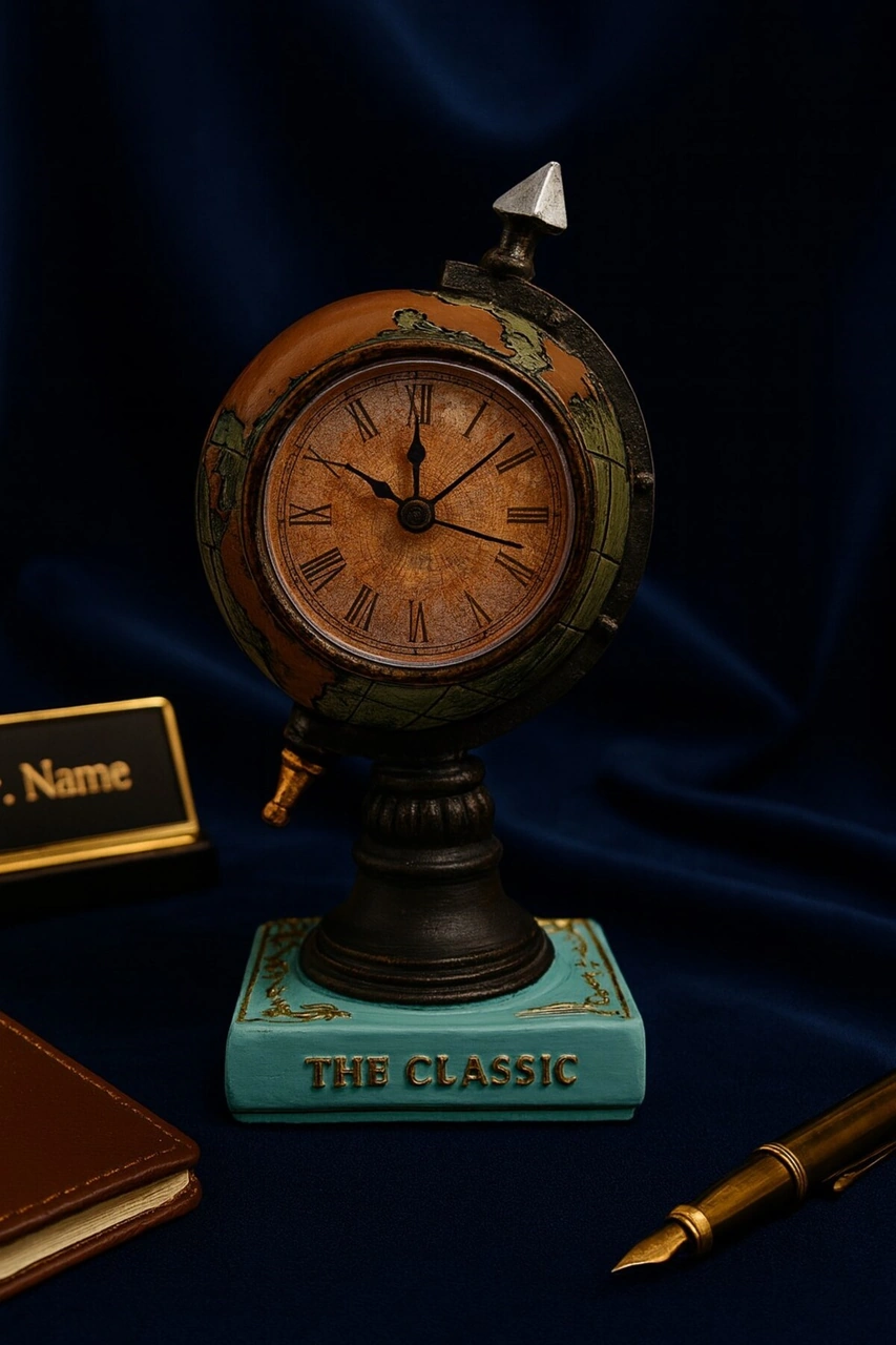 Nostaljik Klasik Prestijli Çalışma Masanıza Masa Saati Biblosu Dünya Küresi Antika Saat 19 Cm-y Renkli