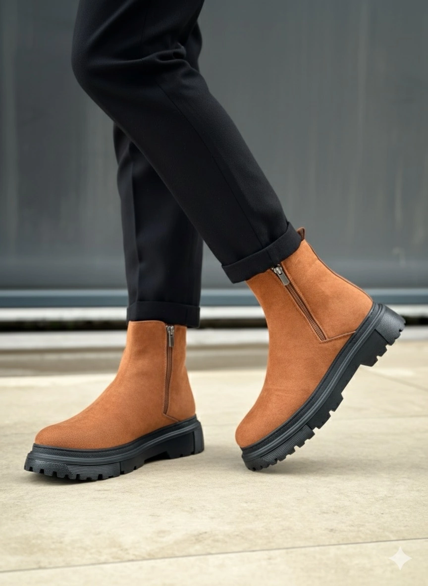 Ba0777 Süet Taba Siyah Taban Çift Fermuarlı Erkek Yarım Bilek Bot Taba