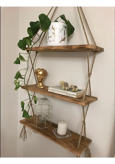 Ahşap Dekoratif Tasarım 3'lü Halatlı Raf Hazır Kurulu 39cm 9cm