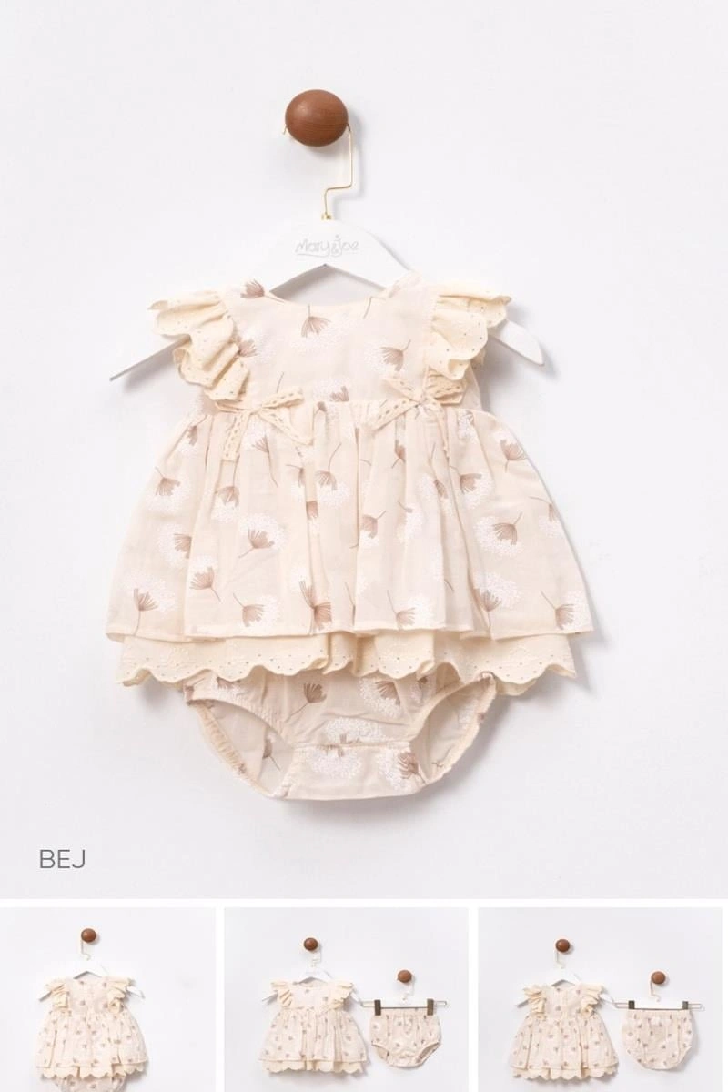 Kız Bebek Bej Çiçek Desenli Elbise Kilotlu Takım-1347 Bej