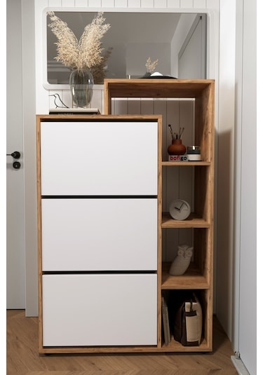 Bofigo Lego Ayakkabılık Düşer Kapak Raflı Ayakkabılık Çam-beyaz