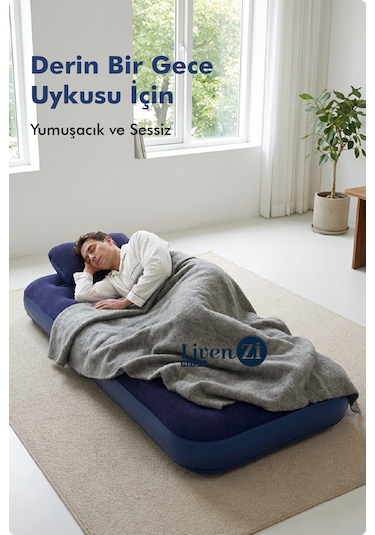Livenzi Tek Kişilik Şişme Yatak Yastık + Manuel Şişirme Pompası 191 76 22 Cm Lacivert