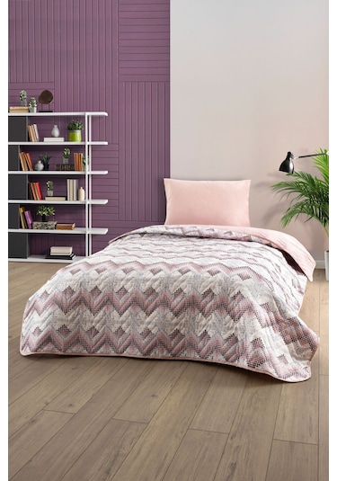 Tek Kişilik Desenli Kapitone Çift Taraflı Renkli Pike Yatak Örtüsü Takımı Pudra