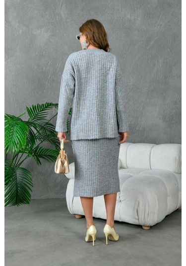 Kadın Bisiklet Yaka Uzun Kazak Etek İkili Triko Takım Gri