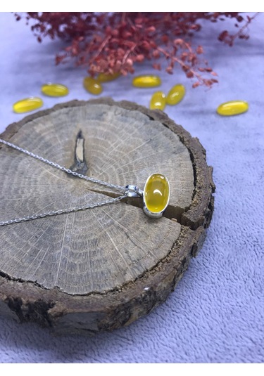 Sarı Akik Taşlı Gümüş Kolye 925 Ayar Doğal Taş