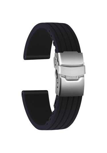 Paslanmaz Çelik Gümüş Katlanır Tokalı Unisex Kauçuk Kayış Siyah 22mm Çok Renkli