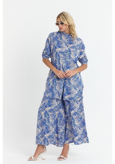 Schık Kadın Viskon Rahat Bol Paça Truvakar Kol Önü Düğme Baskılı Takım Saks