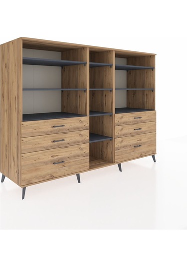 Kronos Dolap 10 Raflı 6 Çekmeceli 220x59x163 Çam-antrasit/çam Çam-antrasit/çam