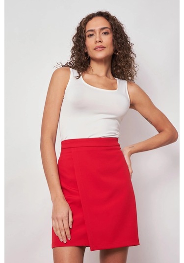 Kadın Hafif Likralı Kumaş Yüksek Bel Anvelop Kruvaze Hafif Mini Kalem Etek-kırmızı Kırmızı
