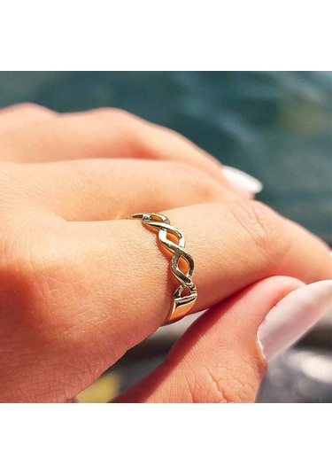 Örgü Altın Yüzük - 14 Ayar Altın Örgü Taşsız Minimal Yarım Tur Kadın Yüzük - Eşe Sevgiliye Yüzük Sarı Altın