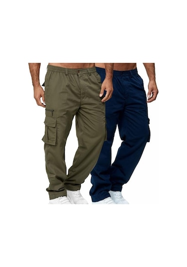 Ayw Erkek Pantolon Çok Cepli Düz Orta Bel Kargo Pantolon Günlük Giyim İçin Haki